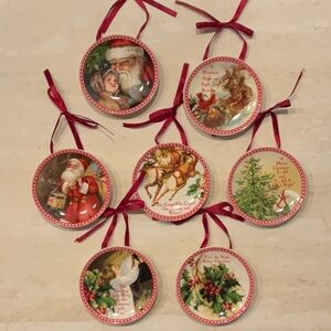Vintage Christmas Plates Ornaments Paula Scaletta Santa Lot Of 7 Xmas Ornament